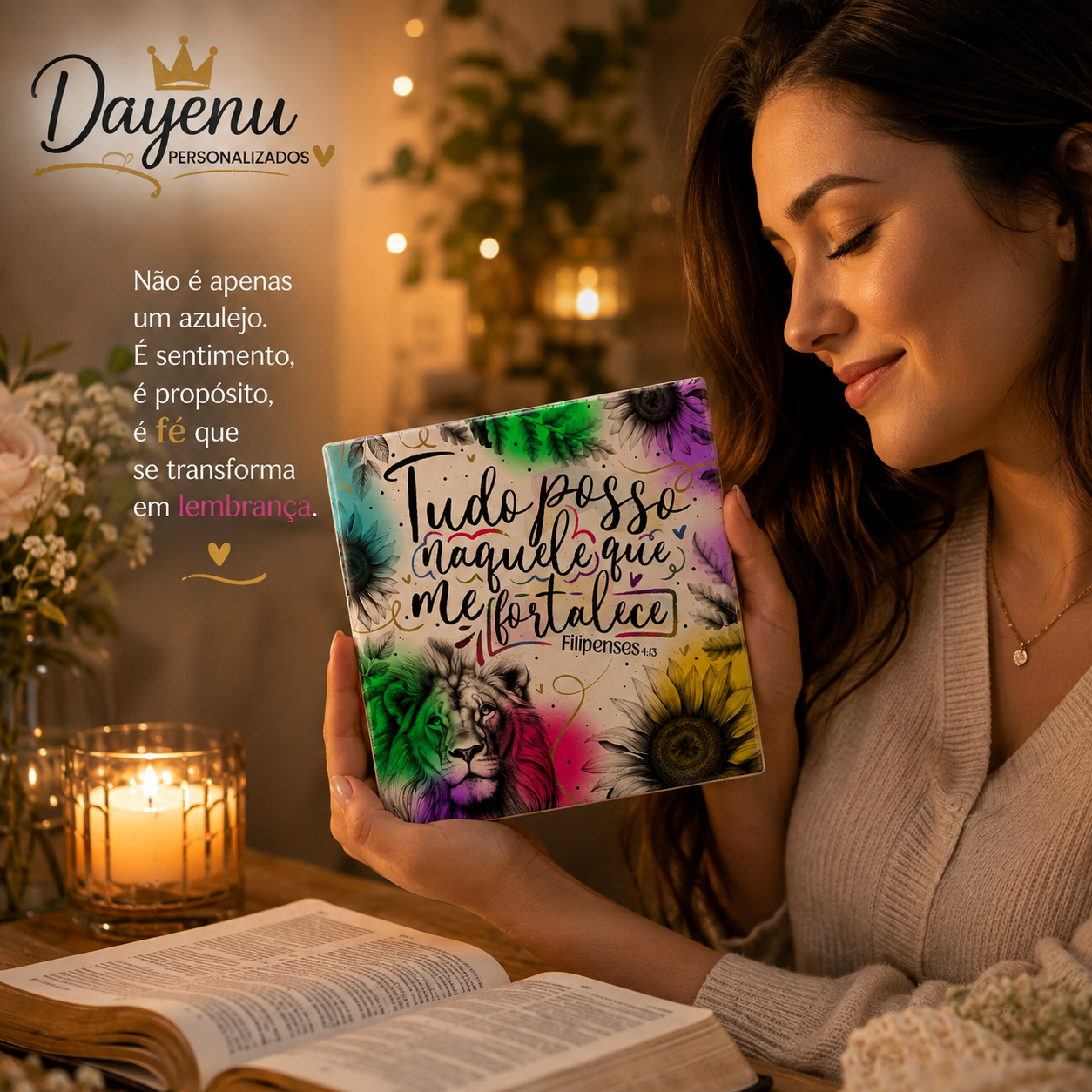 Azulejo Decorativo Cristão Personalizado – Filipenses 4:13 | Tudo Posso Naquele que me Fortalece - Imagem 5