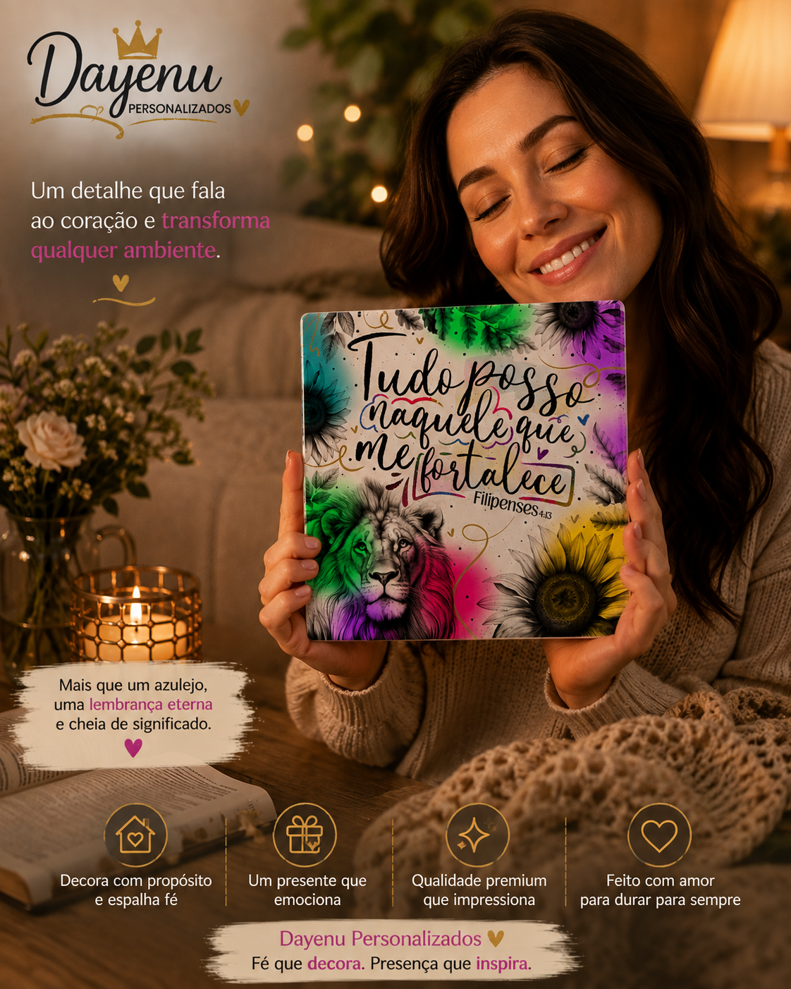 Azulejo Decorativo Cristão Personalizado – Filipenses 4:13 | Tudo Posso Naquele que me Fortalece - Imagem 7
