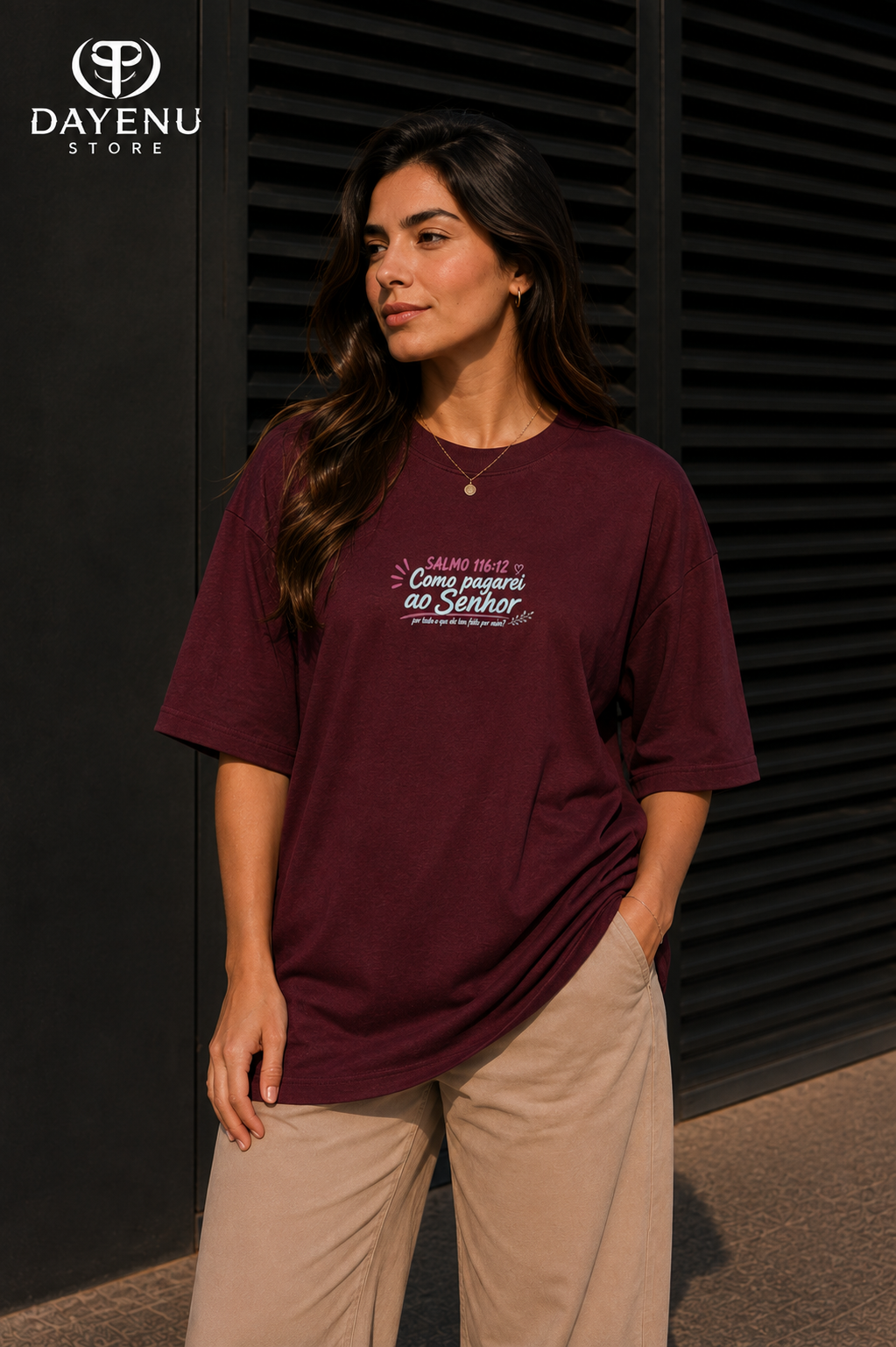 Camiseta Oversized Feminina Cristã - Como Pagarei ao Senhor – Salmo 116:12 - Imagem 7