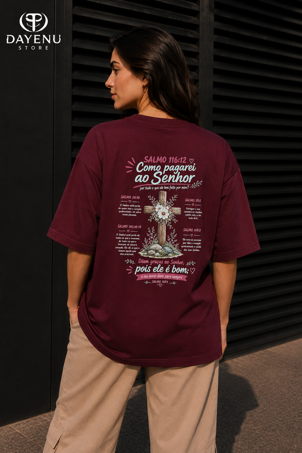 Camiseta Oversized Feminina Cristã - Como Pagarei ao Senhor – Salmo 116:12 - Imagem 6