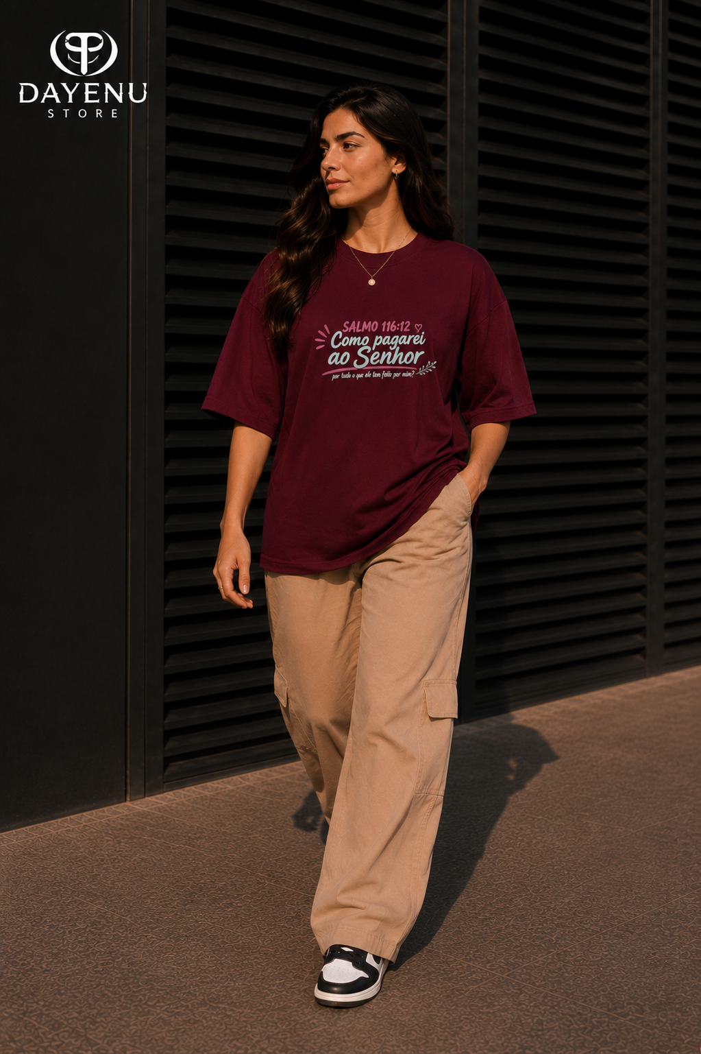 Camiseta Oversized Feminina Cristã - Como Pagarei ao Senhor – Salmo 116:12 - Imagem 5