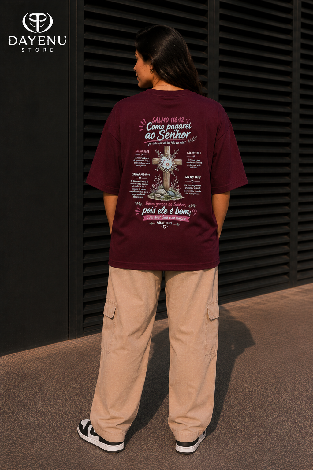 Camiseta Oversized Feminina Cristã - Como Pagarei ao Senhor – Salmo 116:12 - Imagem 4