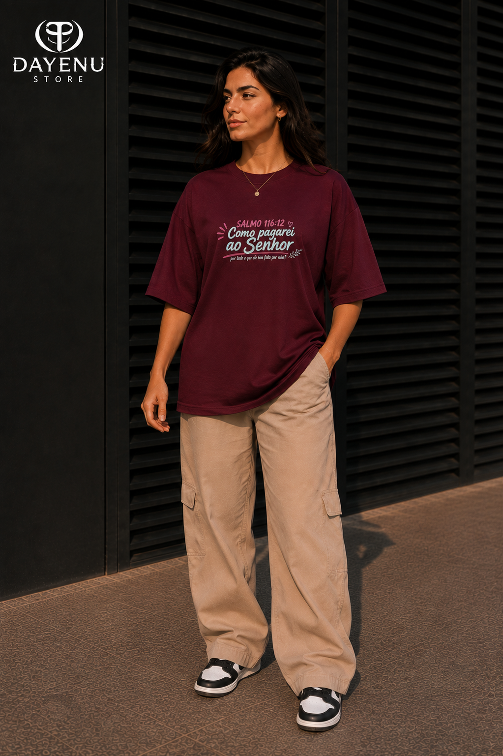 Camiseta Oversized Feminina Cristã - Como Pagarei ao Senhor – Salmo 116:12 - Imagem 3