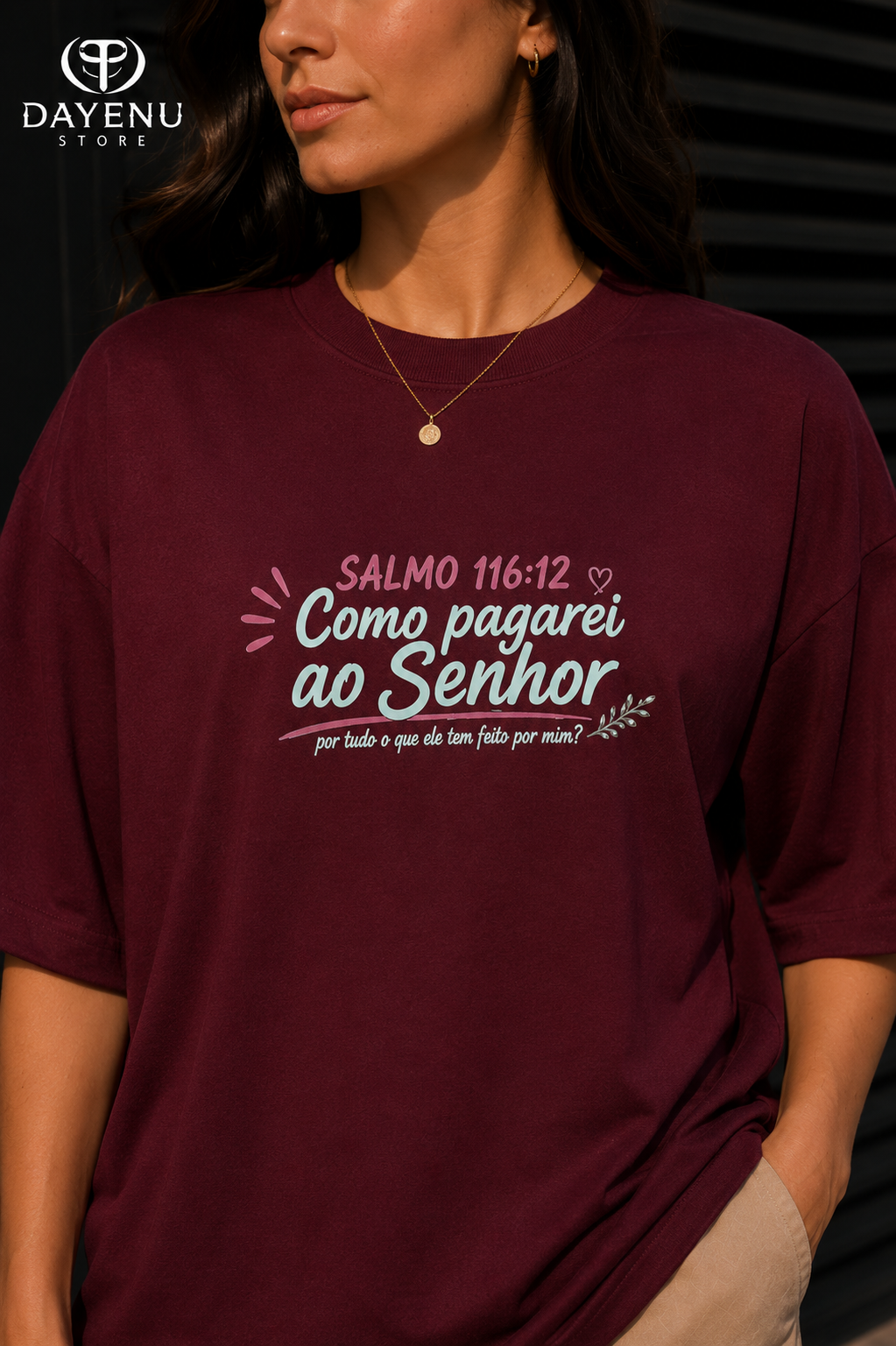 Camiseta Oversized Feminina Cristã - Como Pagarei ao Senhor – Salmo 116:12 - Imagem 2