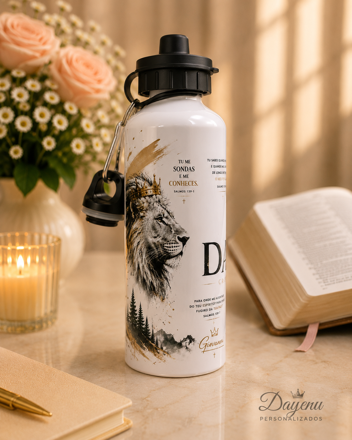Squeeze Alumínio 600ml Cristão Personalizado | Salmos 139 | Leão | Nome Personalizado - Imagem 2