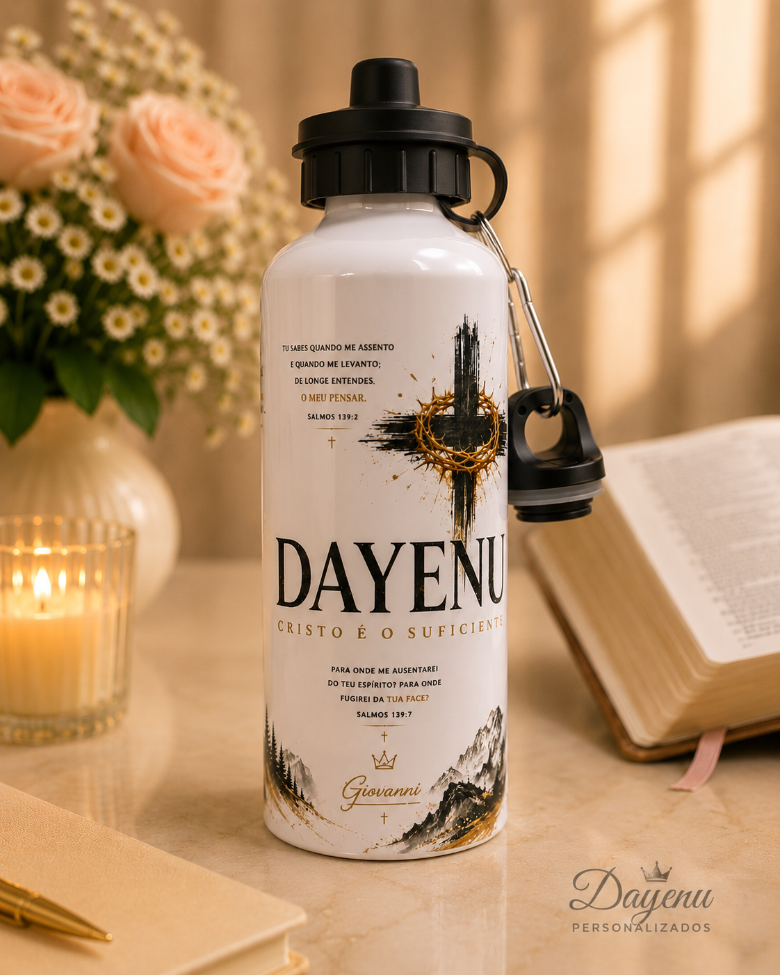 Squeeze Alumínio 600ml Cristão Personalizado | Salmos 139 | Leão | Nome Personalizado
