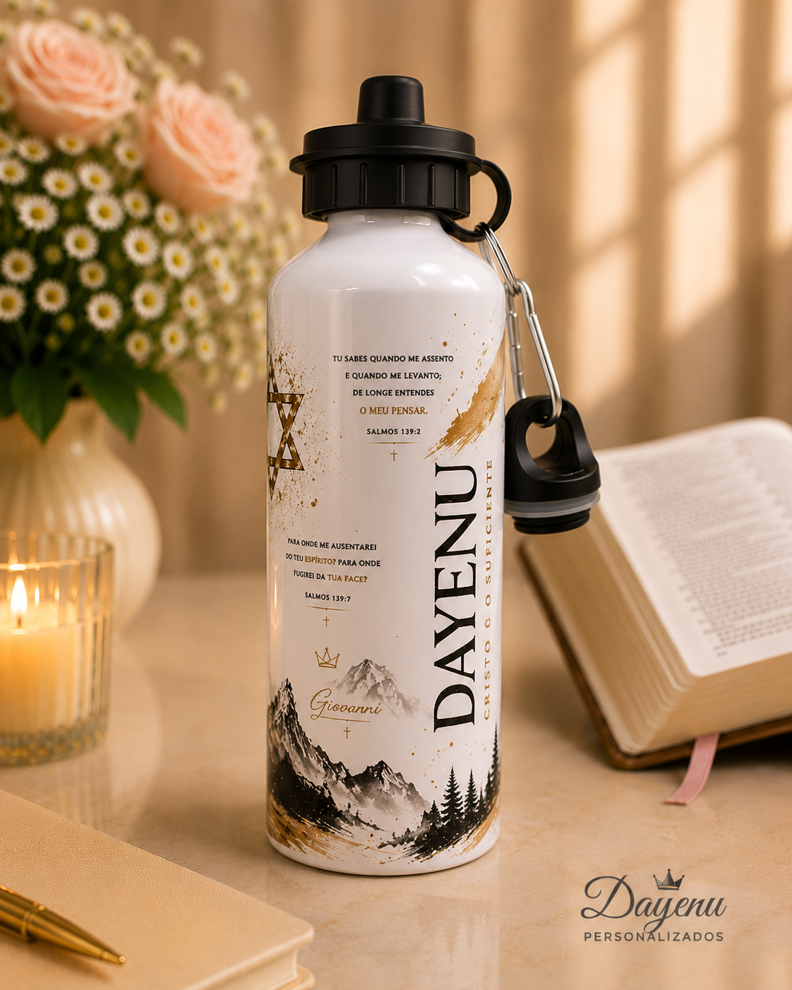 Squeeze Alumínio 600ml Cristão Personalizado | Salmos 139 | Leão | Nome Personalizado - Imagem 4