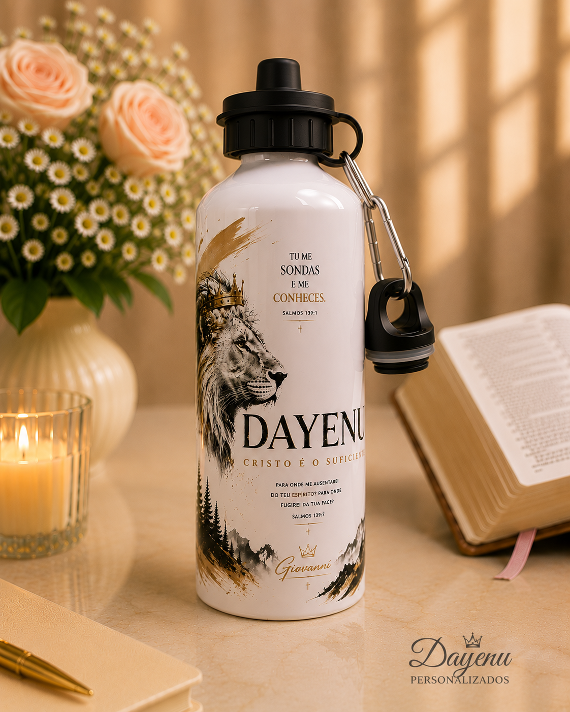 Squeeze Alumínio 600ml Cristão Personalizado | Salmos 139 | Leão | Nome Personalizado - Imagem 6