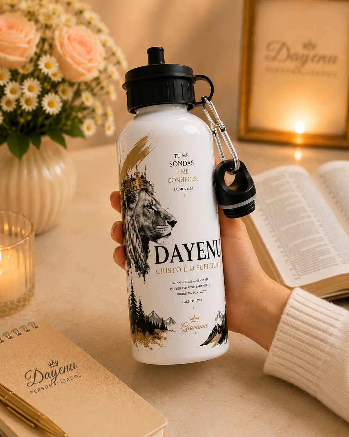 Squeeze Alumínio 600ml Cristão Personalizado | Salmos 139 | Leão | Nome Personalizado - Imagem 7