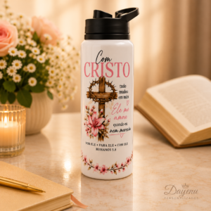 Squeeze Cristão Feminino Personalizado com Nome 750ml | Fé e Versículos Bíblicos