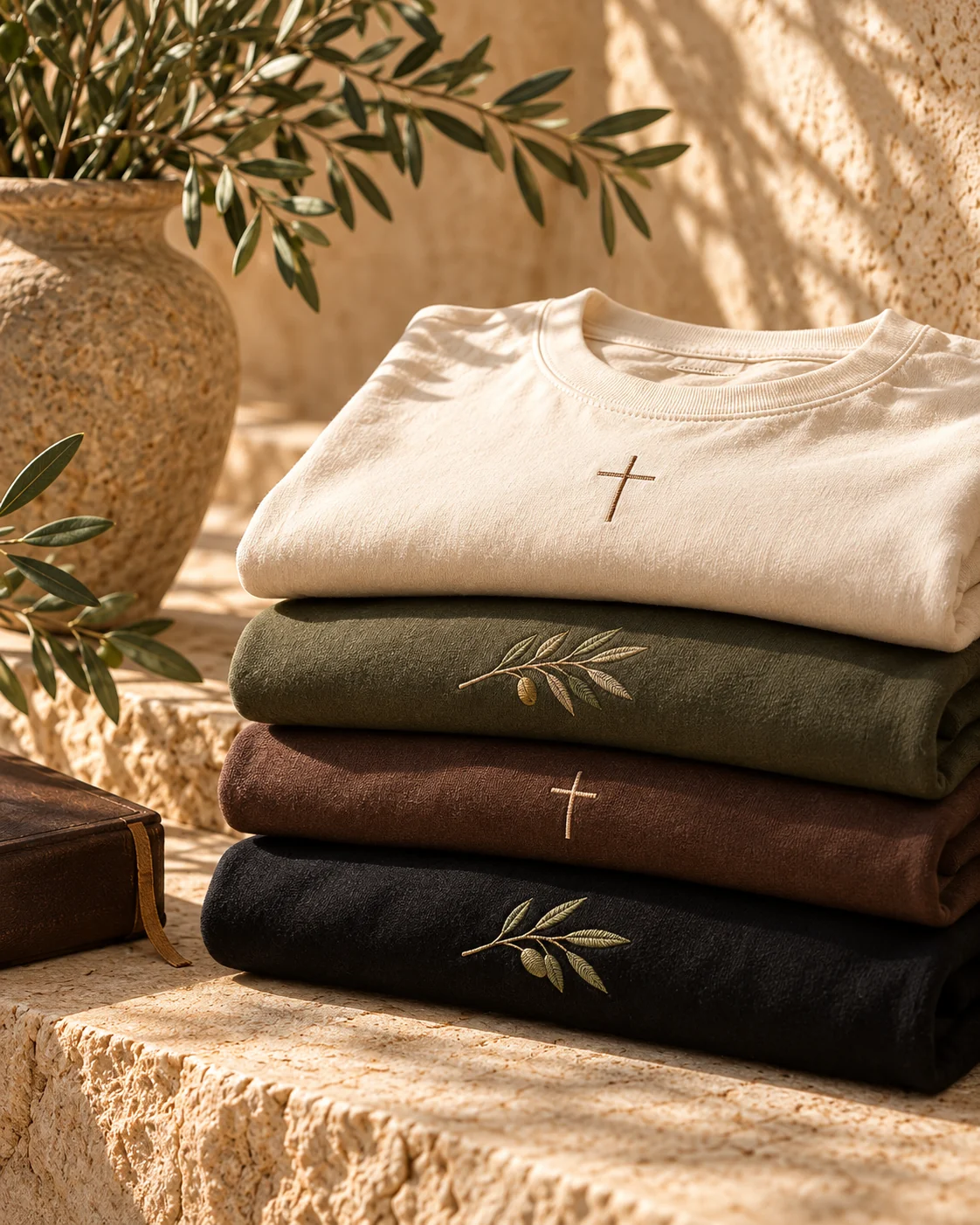 Camisetas em tons naturais, dobradas sobre pedra clara