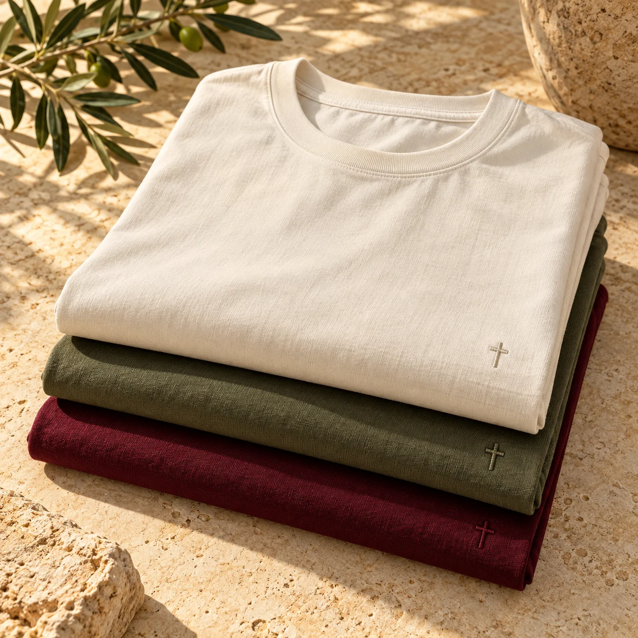 Camisetas lisas em tons claro, verde e vinho